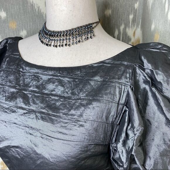 Ralph Lauren Gunmetal Pewter Metallic Pouf Sleeve Stretch Blouse - Picture 4 of 16